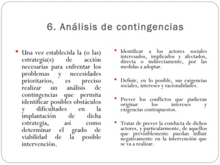 6. Análisis de contingencias Una vez establecida la (o las) estrategia(s) de acción necesarias para enfrentar los problemas y necesidades prioritarios, es preciso realizar un análisis de contingencias que permita identificar posibles obstáculos y dificultades en la implantación de dicha estrategia, así como determinar el grado de viabilidad de la posible intervención. Identificar a los actores sociales interesados, implicados y afectados, directa o indirectamente, por las medidas a adoptar. Definir, en lo posible, sus exigencias sociales, intereses y racionalidades.   Prever los conflictos que pudieran originar los intereses y exigencias contrapuestos.   Tratar de prever la conducta de dichos actores, y particularmente, de aquellos que previsiblemente puedan influir negativamente en la intervención que se va a realizar.  