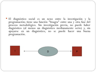 El diagnóstico social es un nexo entre la investigación y la programación; tiene una función "bisagra" entre una y otra fase del proceso metodológico. Sin investigación previa, no puede haber diagnóstico (al menos un diagnóstico medianamente serio) y, sin apoyarse en un diagnóstico, no se puede hacer una buena programación. D I P 