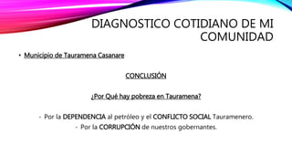 DIAGNOSTICO COTIDIANO DE MI
COMUNIDAD
• Municipio de Tauramena Casanare
CONCLUSIÓN
¿Por Qué hay pobreza en Tauramena?
- Por la DEPENDENCIA al petróleo y el CONFLICTO SOCIAL Tauramenero.
- Por la CORRUPCIÓN de nuestros gobernantes.
 