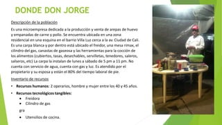 DONDE DON JORGE
Descripción de la población
Es una microempresa dedicada a la producción y venta de arepas de huevo
y empanadas de carne y pollo. Se encuentra ubicada en una zona
residencial en una esquina en el barrio Villa Luz cerca a la av. Ciudad de Cali.
Es una carpa blanca y por dentro está ubicado el freidor, una mesa rimax, el
cilindro del gas, canastas de gaseosa y las herramientas para la cocción de
los alimentos (cubiertos, tasas, desechables, servilletas, tenedores, saleros,
salseros, etc) La carpa la instalan de lunes a sábado de 5 pm a 11 pm. No
cuenta con servicio de agua, cuenta con gas y luz. Es atendido por el
propietario y su esposa y están el 80% del tiempo laboral de pie.
Inventario de recursos
• Recursos humanos: 2 operarios, hombre y mujer entre los 40 y 45 años.
• Recursos tecnológicos tangibles:
 Freidora
 Cilindro de gas
gra
 Utensilios de cocina.
 