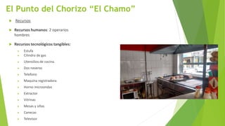 El Punto del Chorizo “El Chamo”
 Recursos
 Recursos humanos: 2 operarios
hombres
 Recursos tecnológicos tangibles:
 Estufa
 Cilindro de gas
 Utensilios de cocina.
 Dos neveras
 Telefono
 Maquina registradora
 Horno microondas
 Extractor
 Vitrinas
 Mesas y sillas
 Canecas
 Televisor
 