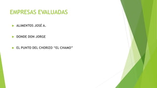 EMPRESAS EVALUADAS
 ALIMENTOS JOSÉ A.
 DONDE DON JORGE
 EL PUNTO DEL CHORIZO “EL CHAMO”
 