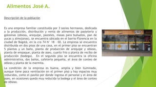 Alimentos José A.
Descripción de la población
Es una empresa familiar constituida por 3 socios hermanos, dedicada
a la producción, distribución y venta de alimentos de pastelería y
golosinas (obleas, arequipe, pasteles, masas para buñuelos, pan de
yucas y almojanas), se encuentra ubicada en el barrio Florencia en la
ciudad de Bogotá, en la cra 74 N° 18 – 02. La empresa se encuentra
distribuida en dos pisos de una casa, en el primer piso se encuentran
5 plantas y un baño, planta de producción de arequipe y obleas,
planta de empaque, planta de aseo, cuarto frio y planta de recibo de
producción (bodega). En el segundo piso se encuentra la oficina
administrativa, dos baños, cafetería pequeña, el área de conteo de
obleas y planta de la marmita.
La condición de la empresa es buena, amplia y bien iluminada,
aunque tiene poca ventilación en el primer piso y hay espacios muy
reducidos, como el pasillo por donde ingresa el personal y el área de
aseo, en ocasiones queda muy reducida la bodega y el área de conteo
de obleas.
 