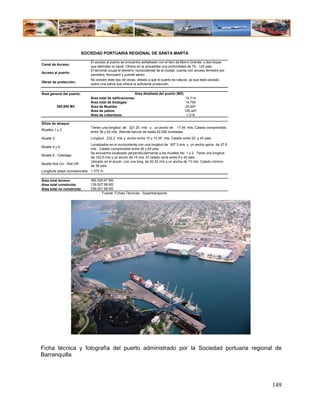 SOCIEDAD PORTUARIA REGIONAL DE SANTA MARTA

                              El acceso al puerto se encuentra señalizado con el faro de Morro Grande y dos boyas
Canal de Acceso:
                              que delimitan el canal. Ofrece en la actualidad una profundidad de 70 - 120 pies.
                              El terminal ocupa el extremo noroccidental de la ciudad, cuenta con acceso terrestre por
Acceso al puerto:
                              carretera, ferrocarril y puente aéreo.
                              No exísten éste tipo de obras, debido a que el puerto es natural, ya que está ubicado
Obras de protección:
                              sobre una bahía que ofrece la suficiente protección.

Área general del puerto:                                  Área detallada del puerto (M2)
                              Área total de edificaciones:                               10,714
                              Área total de bodegas:                                     14,700
            365,800 M2        Área de Muelles:                                           20,497
                              Área de patios:                                            105,447
                              Área de cobertizos:                                         1,319

Sitios de atraque
                              Tienen una longitud de 321.20 mts y un ancho de 17.94 mts. Calado comprendido
Muelles 1 y 2:
                              entre 36 y 42 mts. Atiende barcos de hasta 42.000 toneladas.
Muelle 3:                     Longitud 232.2 mts y ancho entre 15 y 15.35 mts. Calado entre 25 y 42 pies.
                             Localizados en el suroccidente con una longitud de 307.3 mts y un ancho aprox. de 27.5
Muelle 4 y 5:
                             mts. Calado comprendido entre 40 y 45 pies.
                             Se encuentra localizado perpendicularmente a los muelles No. 1 y 2 . Tiene una longitud
Muelle 6 - Cabotaje:
                             de 103.5 mts y un ancho de 15 mts. El calado varía entre 8 y 40 pies.
                             Ubicado en el ancón con una long. de 92.52 mts y un ancho de 13 mts. Calado minimo
Muelle Roll On - Roll Off:
                             de 38 pies.
Longitude playa concesionada 1.372 m.

Área total terreno            362,529.67 M2
Área total construida         126,527.99 M2
Área total no construida      236,001.68 M2
                                     Fuente: Fichas Técnicas - Supertransporte




Ficha técnica y fotografía del puerto administrado por la Sociedad portuaria regional de
Barranquilla




                                                                                                                         149
 