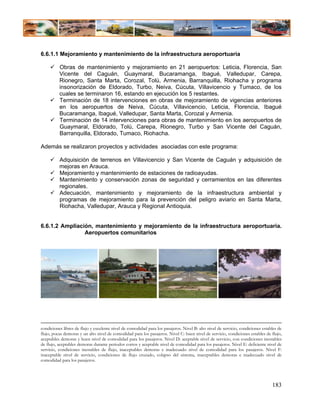 6.6.1.1 Mejoramiento y mantenimiento de la infraestructura aeroportuaria

          Obras de mantenimiento y mejoramiento en 21 aeropuertos: Leticia, Florencia, San
          Vicente del Caguán, Guaymaral, Bucaramanga, Ibagué, Valledupar, Carepa,
          Rionegro, Santa Marta, Corozal, Tolú, Armenia, Barranquilla, Riohacha y programa
          insonorización de Eldorado, Turbo, Neiva, Cúcuta, Villavicencio y Tumaco, de los
          cuales se terminaron 16, estando en ejecución los 5 restantes.
          Terminación de 18 intervenciones en obras de mejoramiento de vigencias anteriores
          en los aeropuertos de Neiva, Cúcuta, Villavicencio, Leticia, Florencia, Ibagué
          Bucaramanga, Ibagué, Valledupar, Santa Marta, Corozal y Armenia.
          Terminación de 14 intervenciones para obras de mantenimiento en los aeropuertos de
          Guaymaral, Eldorado, Tolú, Carepa, Rionegro, Turbo y San Vicente del Caguán,
          Barranquilla, Eldorado, Tumaco, Riohacha.

Además se realizaron proyectos y actividades asociadas con este programa:

          Adquisición de terrenos en Villavicencio y San Vicente de Caguán y adquisición de
          mejoras en Arauca.
          Mejoramiento y mantenimiento de estaciones de radioayudas.
          Mantenimiento y conservación zonas de seguridad y cerramientos en las diferentes
          regionales.
          Adecuación, mantenimiento y mejoramiento de la infraestructura ambiental y
          programas de mejoramiento para la prevención del peligro aviario en Santa Marta,
          Riohacha, Valledupar, Arauca y Regional Antioquia.


6.6.1.2 Ampliación, mantenimiento y mejoramiento de la infraestructura aeroportuaria.
                Aeropuertos comunitarios




condiciones libres de flujo y excelente nivel de comodidad para los pasajeros. Nivel B: alto nivel de servicio, condiciones estables de
flujo, pocas demoras y un alto nivel de comodidad para los pasajeros. Nivel C: buen nivel de servicio, condiciones estables de flujo,
aceptables demoras y buen nivel de comodidad para los pasajeros. Nivel D: aceptable nivel de servicio, con condiciones inestables
de flujo, aceptables demoras durante periodos cortos y aceptable nivel de comodidad para los pasajeros. Nivel E: deficiente nivel de
servicio, condiciones inestables de flujo, inaceptables demoras e inadecuado nivel de comodidad para los pasajeros. Nivel F:
inaceptable nivel de servicio, condiciones de flujo cruzado, colapso del sistema, inaceptables demoras e inadecuado nivel de
comodidad para los pasajeros.




                                                                                                                                 183
 