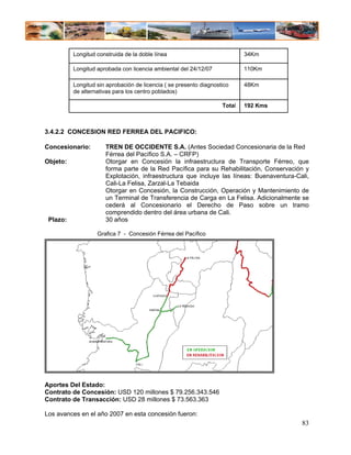 Longitud construida de la doble línea                             34Km

          Longitud aprobada con licencia ambiental del 24/12/07             110Km

          Longitud sin aprobación de licencia ( se presento diagnostico     48Km
          de alternativas para los centro poblados)

                                                                    Total   192 Kms



3.4.2.2 CONCESION RED FERREA DEL PACIFICO:

Concesionario:        TREN DE OCCIDENTE S.A. (Antes Sociedad Concesionaria de la Red
                      Férrea del Pacífico S.A. – CRFP)
Objeto:               Otorgar en Concesión la infraestructura de Transporte Férreo, que
                      forma parte de la Red Pacífica para su Rehabilitación, Conservación y
                      Explotación, infraestructura que incluye las líneas: Buenaventura-Cali,
                      Cali-La Felisa, Zarzal-La Tebaida
                      Otorgar en Concesión, la Construcción, Operación y Mantenimiento de
                      un Terminal de Transferencia de Carga en La Felisa. Adicionalmente se
                      cederá al Concesionario el Derecho de Paso sobre un tramo
                      comprendido dentro del área urbana de Cali.
 Plazo:               30 años

                   Grafica 7 - Concesión Férrea del Pacífico




Aportes Del Estado:
Contrato de Concesión: USD 120 millones $ 79.256.343.546
Contrato de Transacción: USD 28 millones $ 73.563.363

Los avances en el año 2007 en esta concesión fueron:
                                                                                          83
 