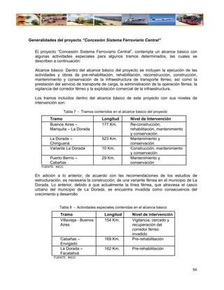 Generalidades del proyecto “Concesión Sistema Ferroviario Central”

   El proyecto “Concesión Sistema Ferroviario Central”, contempla un alcance básico con
   algunas actividades especiales para algunos tramos determinados, las cuales se
   describen a continuación:

   Alcance básico: Dentro del alcance básico del proyecto se incluyen la ejecución de las
   actividades y obras de pre-rehabilitación, rehabilitación, reconstrucción, construcción,
   mantenimiento y conservación de la infraestructura de transporte férreo, así como la
   prestación del servicio de transporte de carga, la administración de la operación férrea, la
   vigilancia del corredor férreo y la explotación comercial de la infraestructura.

   Los tramos incluidos dentro del alcance básico de este proyecto con sus niveles de
   intervención son:

                     Tabla 7 - Tramos contenidos en el alcance básico del proyecto
           Tramo                           Longitud         Nivel de Intervención
           Buenos Aires –                  177 Km.          Re-construcción,
           Mariquita – La Dorada                            rehabilitación, mantenimiento
                                                            y conservación
           La Dorada –                     523 Km.          Mantenimiento y
           Chiriguaná                                       conservación
           Variante La Dorada              10 Km.           Construcción, mantenimiento
                                                            y conservación
           Puerto Berrío –                 29 Km.           Mantenimiento y
           Cabañas                                          conservación
      FUENTE: INCO


   En adición a lo anterior, de acuerdo con las recomendaciones de los estudios de
   estructuración, es necesaria la construcción, de una variante férrea en el municipio de La
   Dorada. Lo anterior, debido a que actualmente la línea férrea, que atraviesa el casco
   urbano del municipio de La Dorada, se encuentra invadida como consecuencia del
   crecimiento y desarrollo


                Tabla 8 - Actividades especiales contenidas en el alcance básico
                 Tramo                       Longitud        Nivel de intervención
                 Villavieja - Buenos         154 Km.         Vigilancia, cercado y
                 Aires                                       recuperación del
                                                             corredor férreo
                                                             invadido
                 Cabañas –                   169 Km.         Pre-rehabilitación
                 Envigado
                 La Dorada –                 162 Km.         Pre-rehabilitación
                 Facatativá
             FUENTE: INCO



                                                                                            86
 
