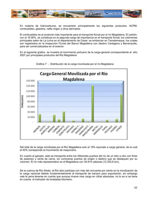 En materia de hidrocarburos, se encuentran principalmente los siguientes productos: ACPM,
combustóleo, gasolina, nafta virgen y otros derivados.

El combustóleo es el producto más importante para el transporte fluvial por el río Magdalena. El carbón,
con el 16.90%, se constituye en la segunda carga de importancia en el transporte fluvial; los volúmenes
principales salen de La Loma en el departamento de Cesar; se embarcan en Tamalameque, los cuales
son registrados en la Inspección Fluvial del Banco Magdalena con destino Cartagena y Barranquilla,
para ser comercializados en el exterior.

En el siguiente grafico se muestra el movimiento portuario de la carga general correspondiente al año
2007 por principales productos del Rio Magdalena


              Gráfica 7 - Distribución de la carga movilizada por el río Magdalena




Del total de la carga movilizada por el Rio Magdalena solo el 18% equivale a carga general, de la cual
el 40% corresponde al movimiento de maquinaria.

En cuanto al ganado, este se transporta entre los diferentes puertos del río de un sitio a otro con fines
de pastoreo y venta de carne, sin conocerse puertos de origen o destino que se destaquen por su
volumen. El rio más representativo es el Magdalena con 30.814 cabezas (12.325,6 ton),


De la cuenca de Río Atrato, el Río león participa con más del cincuenta por ciento en la movilización de
la carga nacional debido fundamentalmente al transporte de banano para exportación, sin embargo
vale la pena tenerse en cuenta que aunque mueve mas carga en cifras absolutas, no lo es si se tiene
en cuenta el indicador de toneladas kilometro.


                                                                                                      95
 