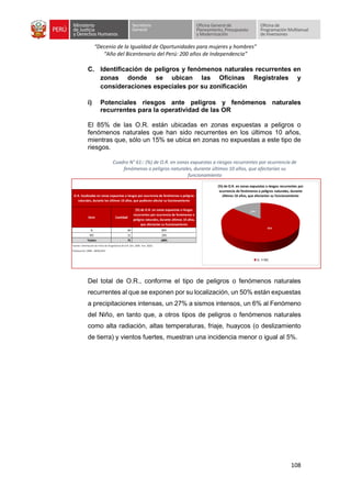 “Decenio de la Igualdad de Oportunidades para mujeres y hombres”
“Año del Bicentenario del Perú: 200 años de Independencia”
108
C. Identificación de peligros y fenómenos naturales recurrentes en
zonas donde se ubican las Oficinas Registrales y
consideraciones especiales por su zonificación
i) Potenciales riesgos ante peligros y fenómenos naturales
recurrentes para la operatividad de las OR
El 85% de las O.R. están ubicadas en zonas expuestas a peligros o
fenómenos naturales que han sido recurrentes en los últimos 10 años,
mientras que, sólo un 15% se ubica en zonas no expuestas a este tipo de
riesgos.
Cuadro N° 61:: (%) de O.R. en zonas expuestas a riesgos recurrentes por ocurrencia de
fenómenos o peligros naturales, durante últimos 10 años, que afectarían su
funcionamiento
Del total de O.R., conforme el tipo de peligros o fenómenos naturales
recurrentes al que se exponen por su localización, un 50% están expuestas
a precipitaciones intensas, un 27% a sismos intensos, un 6% al Fenómeno
del Niño, en tanto que, a otros tipos de peligros o fenómenos naturales
como alta radiación, altas temperaturas, friaje, huaycos (o deslizamiento
de tierra) y vientos fuertes, muestran una incidencia menor o igual al 5%.
Item Cantidad
(%) de O.R. en zonas expuestas a riesgos
recurrentes por ocurrencia de fenómenos o
peligros naturales, durante últimos 10 años,
que afectarían su funcionamiento
SI 64 85%
NO 11 15%
Totales 75 100%
Fuente: Información de Ficha de Diagnóstico de O.R. (Dic. 2020 - Ene. 2021)
Elaboración: OPMI - MINJUSDH
O.R. localizadas en zonas expuestas a riesgos por ocurrencia de fenómenos o peligros
naturales, durante los últimos 10 años, que pudiesen afectar su funcionamiento
85%
15%
(%) de O.R. en zonas expuestas a riesgos recurrentes por
ocurrencia de fenómenos o peligros naturales, durante
últimos 10 años, que afectarían su funcionamiento
SI NO
 
