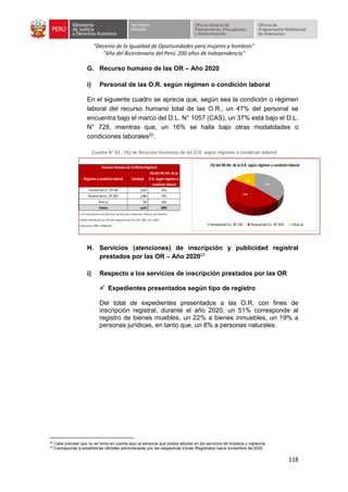 “Decenio de la Igualdad de Oportunidades para mujeres y hombres”
“Año del Bicentenario del Perú: 200 años de Independencia”
118
G. Recurso humano de las OR – Año 2020
i) Personal de las O.R. según régimen o condición laboral
En el siguiente cuadro se aprecia que, según sea la condición o régimen
laboral del recurso humano total de las O.R., un 47% del personal se
encuentra bajo el marco del D.L. N° 1057 (CAS), un 37% está bajo el D.L.
N° 728, mientras que, un 16% se halla bajo otras modalidades o
condiciones laborales22
.
Cuadro N° 81 : (%) de Recursos Humanos de las O.R. según régimen o condición laboral
H. Servicios (atenciones) de inscripción y publicidad registral
prestados por las OR – Año 202023
i) Respecto a los servicios de inscripción prestados por las OR
✓ Expedientes presentados según tipo de registro
Del total de expedientes presentados a las O.R. con fines de
inscripción registral, durante el año 2020, un 51% corresponde al
registro de bienes muebles, un 22% a bienes inmuebles, un 19% a
personas jurídicas, en tanto que, un 8% a personas naturales.
22
Cabe precisar que no se toma en cuenta aquí al personal que presta labores en los servicios de limpieza y vigilancia.
23
Corresponde a estadísticas oficiales administradas por las respectivas Zonas Registrales hacia noviembre de 2020.
Régimen o condición laboral Cantidad
(%) del RR.HH. de la
O.R. según régimen o
condición laboral
Personal del D.L. Nº728 1,679 37%
Personal del D.L. Nº1057 2,084 47%
Otros a/ 716 16%
Totales 4,479 100%
a/ Incluye: personal de confianza, practicantes, secigristas, terceros, por convenio.
Fuente: Información de Ficha de Diagnóstico de O.R. (Dic. 2020 - Ene. 2021)
Elaboración: OPMI - MINJUSDH
Recurso Humano de la Oficina Registral
37%
47%
16%
(%) del RR.HH. de la O.R. según régimen o condición laboral
Personaldel D.L. Nº 728 Personaldel D.L. Nº 1057 Otros a/
 