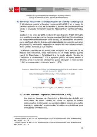 “Decenio de la Igualdad de Oportunidades para mujeres y hombres”
“Año del Bicentenario del Perú: 200 años de Independencia”
33
6.2 Servicio de Reinserción social al adolescente en conflicto con la ley penal
El Ministerio de Justicia y Derechos Humanos (MINJUSDH), en el marco del
Decreto Legislativo Nº 1299, es actualmente la Entidad Nacional encargada de
brindar el servicio de Reinserción Social del Adolescente en Conflicto con la Ley
Penal.
Desde el 31 de enero del 2019, mediante Decreto Supremo N°006-2019-JUS,
se crea el Programa Nacional de Centros Juveniles (PRONACEJ), el cual tiene
por objeto fortalecer la reinserción social de las y los adolescentes en conflicto
con la Ley Penal, a través de la atención especializada, ejecución de programas
de prevención y tratamiento, y ejecución de medidas socioeducativas por medio
de los Centros Juveniles, a nivel nacional.
Los Centros Juveniles son las instituciones encargada de la ejecución de las
medidas socioeducativas, estas instituciones son de medio cerrado (Centro
juvenil de Diagnóstico y Rehabilitación) y de medio abierto (Servicio de
Orientación al adolescente) 7
. En el siguiente gráfico se puede advertir la
diferencia entre el número de adolescentes que se alberga en el medio cerrado
(1,532) en comparación con el medio abierto (1,572).
Gráfico 13: Adolescentes en conflicto con la ley penal albergados en el medio abierto y medio
cerrado (a noviembre 2020)
Fuente: Unidad de Planeamiento y Presupuesto, PRONACEJ, MINJUSDH
6.2.1 Centro Juvenil de Diagnóstico y Rehabilitación (CJDR)
Los Centros Juveniles de Diagnóstico y Rehabilitación (CJDR), son
instituciones de medio cerrado en donde se ejecuta la medida
socioeducativa de internación, así como la medida de coerción procesal de
internación preventiva8
. A continuación, se muestra la ubicación de estas
instituciones a nivel nacional.
7
Decreto Supremo N° 004-018-JUS, Reglamento del Código de Responsabilidad Penal del Adolescente,
Art 2, incisos 2.2, y 2.3.
8
Decreto Supremo N° 004-018-JUS, Reglamento del Código de Responsabilidad Penal del Adolescente,
Art 2, incisos 2.2, y 2.3.
Medio Cerrado
(CJDR)
49%
Medio Abierto
(SOA)
51%
ADOLESCENTES EN CONFLICTO CON LA LEY PENAL ALBERGADOS EN LOS CJ
 