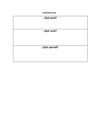BITÁCORA DE COL 
¿Qué pasó? 
¿Qué sentí? 
¿Qué aprendí? 
 