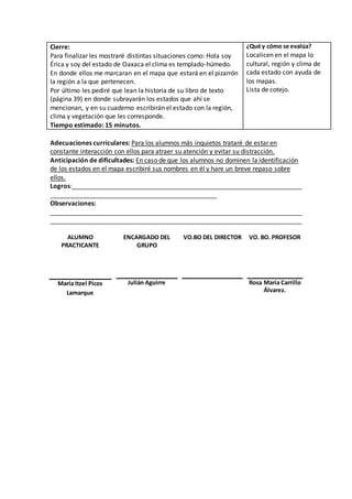 Cierre: 
Para finalizar les mostraré distintas situaciones como: Hola soy 
Érica y soy del estado de Oaxaca el clima es templado-húmedo. 
En donde ellos me marcaran en el mapa que estará en el pizarrón 
la región a la que pertenecen. 
Por último les pediré que lean la historia de su libro de texto 
(página 39) en donde subrayarán los estados que ahí se 
mencionan, y en su cuaderno escribirán el estado con la región, 
clima y vegetación que les corresponde. 
Tiempo estimado: 15 minutos. 
¿Qué y cómo se evalúa? 
Localicen en el mapa lo 
cultural, región y clima de 
cada estado con ayuda de 
los mapas. 
Lista de cotejo. 
Adecuaciones curriculares: Para los alumnos más inquietos trataré de estar en 
constante interacción con ellos para atraer su atención y evitar su distracción. 
Anticipación de dificultades: En caso de que los alumnos no dominen la identificación 
de los estados en el mapa escribiré sus nombres en él y hare un breve repaso sobre 
ellos. 
Logros:_________________________________________________________________ 
_______________________________________________ 
Observaciones: 
_______________________________________________________________________ 
_______________________________________________________________________ 
ALUMNO 
PRACTICANTE 
ENCARGADO DEL 
GRUPO 
VO.BO DEL DIRECTOR VO. BO. PROFESOR 
María Itzel Picos 
Lamarque 
Julián Aguirre 
Rosa María Carrillo 
Álvarez. 
 