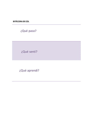 BITÁCORA DE COL 
¿Qué paso? 
¿Qué sentí? 
¿Qué aprendí? 
 