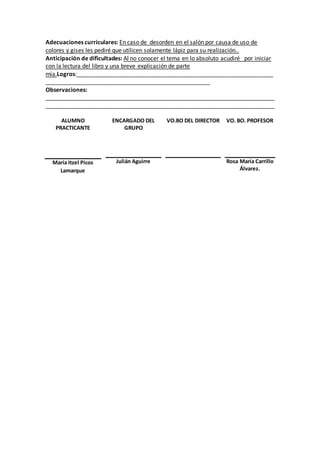 Adecuaciones curriculares: En caso de desorden en el salón por causa de uso de 
colores y gises les pediré que utilicen solamente lápiz para su realización.. 
Anticipación de dificultades: Al no conocer el tema en lo absoluto acudiré por iniciar 
con la lectura del libro y una breve explicación de parte 
mia.Logros:_____________________________________________________________ 
___________________________________________________ 
Observaciones: 
_______________________________________________________________________ 
_______________________________________________________________________ 
ALUMNO 
PRACTICANTE 
ENCARGADO DEL 
GRUPO 
VO.BO DEL DIRECTOR VO. BO. PROFESOR 
María Itzel Picos 
Lamarque 
Julián Aguirre 
Rosa María Carrillo 
Álvarez. 
 