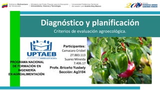 Diagnóstico y planificación
Criterios de evaluación agroecológica.
PROGRAMA NACIONAL
DE FORMACIÓN EN
INGENIERÍA
EN AGROALIMENTACIÓN
Participantes:
Camacaro Crisbel
27.883.113
Suarez Mineida
7.406.17
Profe. Briceño Yusbely
Sección: Ag3104
 