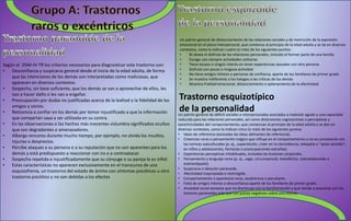 Según el DSM-IV-TR los criterios necesarios para diagnosticar este trastorno son:
• Desconfianza y suspicacia general desde el inicio de la edad adulta, de forma
que las intenciones de los demás son interpretadas como maliciosas, que
aparecen en diversos contextos.
• Sospecha, sin base suficiente, que los demás se van a aprovechar de ellos, les
van a hacer daño o les van a engañar.
• Preocupación por dudas no justificadas acerca de la lealtad o la fidelidad de los
amigos y socios.
• Reticencia a confiar en los demás por temor injustificado a que la información
que compartan vaya a ser utilizada en su contra.
• En las observaciones o los hechos más inocentes vislumbra significados ocultos
que son degradantes o amenazadores.
• Alberga rencores durante mucho tiempo, por ejemplo, no olvida los insultos,
injurias o desprecios.
• Percibe ataques a su persona o a su reputación que no son aparentes para los
demás y está predispuesto a reaccionar con ira o a contraatacar.
• Sospecha repetida e injustificadamente que su cónyuge o su pareja le es infiel.
• Estas características no aparecen exclusivamente en el transcurso de una
esquizofrenia, un trastorno del estado de ánimo con síntomas psicóticos u otro
trastorno psicótico y no son debidas a los efectos
Un patrón general de distanciamiento de las relaciones sociales y de restricción de la expresión
emocional en el plano interpersonal, que comienza al principio de la edad adulta y se da en diversos
contextos, como lo indican cuatro (o más) de los siguientes puntos:
• Ni desea ni disfruta de las relaciones personales, incluido el formar parte de una familia
• Escoge casi siempre actividades solitarias
• Tiene escaso o ningún interés en tener experiencias sexuales con otra persona
• Disfruta con pocas o ninguna actividad
• No tiene amigos íntimos o personas de confianza, aparte de los familiares de primer grado
• Se muestra indiferente a los halagos o las críticas de los demás
• Muestra frialdad emocional, distanciamiento o aplanamiento de la afectividad
Trastorno esquizotípico
de la personalidadUn patrón general de déficit sociales e interpersonales asociados a malestar agudo y una capacidad
reducida para las relaciones personales, así como distorsiones cognoscitivas o perceptivas y
excentricidades del comportamiento, que comienzan al principio de la edad adulta y se dan en
diversos contextos, como lo indican cinco (o más) de los siguientes puntos:
• Ideas de referencia (excluidas las ideas delirantes de referencia).
• Creencias raras o pensamiento mágico que influye en el comportamiento y no es consistente con
las normas subculturales (p. ej., superstición, creer en la clarividencia, telepatía o "sexto sentido";
en niños y adolescentes, fantasías o preocupaciones extrañas).
• Experiencias perceptivas inhabituales, incluidas las ilusiones corporales.
• Pensamiento y lenguaje raros (p. ej., vago, circunstancial, metafórico, sobreelaborado o
estereotipado).
• Suspicacia o ideación paranoide.
• Afectividad inapropiada o restringida.
• Comportamiento o apariencia raros, excéntricos o peculiares.
• Falta de amigos íntimos o desconfianza aparte de los familiares de primer grado.
• Ansiedad social excesiva que no disminuye con la familiarización y que tiende a asociarse con los
temores paranoides más que con juicios negativos sobre uno mismo.
 