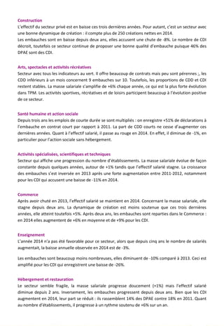 Construction
L’effectif du secteur privé est en baisse ces trois dernières années. Pour autant, c’est un secteur avec
une bonne dynamique de création : il compte plus de 250 créations nettes en 2014.
Les embauches sont en baisse depuis deux ans, elles accusent une chute de -8%. Le nombre de CDI
décroit, toutefois ce secteur continue de proposer une bonne qualité d’embauche puisque 46% des
DPAE sont des CDI.
Arts, spectacles et activités récréatives
Secteur avec tous les indicateurs au vert. Il offre beaucoup de contrats mais peu sont pérennes ;, les
CDD inférieurs à un mois concernent 9 embauches sur 10. Toutefois, les proportions de CDD et CDI
restent stables. La masse salariale s’amplifie de +6% chaque année, ce qui est la plus forte évolution
dans TPM. Les activités sportives, récréatives et de loisirs participent beaucoup à l’évolution positive
de ce secteur.
Santé humaine et action sociale
Depuis trois ans les emplois de courte durée se sont multipliés : on enregistre +51% de déclarations à
l’embauche en contrat court par rapport à 2011. La part de CDD courts ne cesse d’augmenter ces
dernières années. Quant à l’effectif salarié, il passe au rouge en 2014. En effet, il diminue de -1%, en
particulier pour l’action sociale sans hébergement.
Activités spécialisées, scientifiques et techniques
Secteur qui affiche une progression du nombre d’établissements. La masse salariale évolue de façon
constante depuis quelques années, autour de +1% tandis que l’effectif salarié stagne. La croissance
des embauches s’est inversée en 2013 après une forte augmentation entre 2011-2012, notamment
pour les CDI qui accusent une baisse de -11% en 2014.
Commerce
Après avoir chuté en 2013, l’effectif salarié se maintient en 2014. Concernant la masse salariale, elle
stagne depuis deux ans. La dynamique de création est moins soutenue que ces trois dernières
années, elle atteint toutefois +5%. Après deux ans, les embauches sont reparties dans le Commerce :
en 2014 elles augmentent de +6% en moyenne et de +9% pour les CDI.
Enseignement
L’année 2014 n’a pas été favorable pour ce secteur, alors que depuis cinq ans le nombre de salariés
augmentait, la baisse annuelle observée en 2014 est de -3%.
Les embauches sont beaucoup moins nombreuses, elles diminuent de -10% comparé à 2013. Ceci est
amplifié pour les CDI qui enregistrent une baisse de -26%.
Hébergement et restauration
Le secteur semble fragile, la masse salariale progresse doucement (+1%) mais l’effectif salarié
diminue depuis 2 ans. Inversement, les embauches progressent depuis deux ans. Bien que les CDI
augmentent en 2014, leur part se réduit : ils rassemblent 14% des DPAE contre 18% en 2011. Quant
au nombre d’établissements, il progresse à un rythme soutenu de +6% sur un an.
109
 