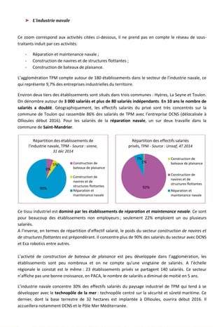 ► L’industrie navale
Ce zoom correspond aux activités citées ci-dessous, il ne prend pas en compte le réseau de sous-
traitants induit par ces activités:
- Réparation et maintenance navale ;
- Construction de navires et de structures flottantes ;
- Construction de bateaux de plaisance.
L’agglomération TPM compte autour de 180 établissements dans le secteur de l’industrie navale, ce
qui représente 9,7% des entreprises industrielles du territoire.
Environ deux tiers des établissements sont situés dans trois communes : Hyères, La Seyne et Toulon.
On dénombre autour de 3 000 salariés et plus de 80 salariés indépendants. En 10 ans le nombre de
salariés a doublé. Géographiquement, les effectifs salariés du privé sont très concentrés sur la
commune de Toulon qui rassemble 86% des salariés de TPM avec l’entreprise DCNS (délocalisée à
Ollioules début 2016). Pour les salariés de la réparation navale, un sur deux travaille dans la
commune de Saint-Mandrier.
Ce tissu industriel est dominé par les établissements de réparation et maintenance navale. Ce sont
pour beaucoup des établissements non employeurs ; seulement 22% emploient un ou plusieurs
salariés.
A l’inverse, en termes de répartition d’effectif salarié, le poids du secteur construction de navires et
de structures flottantes est prépondérant. Il concentre plus de 90% des salariés du secteur avec DCNS
et Eca robotics entre autres.
L’activité de construction de bateaux de plaisance est peu développée dans l’agglomération, les
établissements sont peu nombreux et on ne compte qu’une vingtaine de salariés. A l’échelle
régionale le constat est le même : 23 établissements privés se partagent 140 salariés. Ce secteur
n’affiche pas une bonne croissance, en PACA, le nombre de salariés a diminué de moitié en 5 ans.
L’industrie navale concentre 30% des effectifs salariés du paysage industriel de TPM qui tend à se
développer avec le technopôle de la mer : technopôle centré sur la sécurité et sûreté maritime. Ce
dernier, dont la base terrestre de 32 hectares est implantée à Ollioules, ouvrira début 2016. Il
accueillera notamment DCNS et le Pôle Mer Méditerranée.
6%
5%
90%
Répartition des établissements de
l'industrie navale, TPM - Source : sirene,
31 déc 2014
Construction de
bateaux de plaisance
Construction de
navires et de
structures flottantes
Réparation et
maintenance navale
1%
92%
7%
Répartition des effectifs salariés
privés, TPM - Source : Urssaf, 4T 2014
Construction de
bateaux de plaisance
Construction de
navires et de
structures flottantes
Réparation et
maintenance navale
124
 