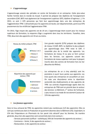 ► L’apprentissage
L’apprentissage associe des périodes en centre de formation et en entreprise. Cette plus-value
facilite l’entrée dans le monde du travail. Il permet de préparer des diplômes de l’enseignement
secondaire (CAP, BEP) mais également de l’enseignement supérieur (BTS, diplôme d’ingénieur…). Fin
2013, ce sont 1 679 personnes qui font leur apprentissage dans une des entreprises de
l’agglomération TPM. L’attractivité pour les apprentis est locale, voir départementale, parmi eux 97%
proviennent du Var et 83% de l’agglomération TPM.
Fin 2013, l’âge moyen des apprentis est de 19 ans. L’apprentissage étant ouvert pour les niveaux
supérieurs de formation, la moyenne d’âge a augmenté dans tous les territoires. Toutefois, dans
TPM, deux tiers des apprentis ont 19 ans ou moins.
Une grande majorité (57%) prépare des diplômes
de niveau V (CAP, BEP). Le diplôme le plus préparé
par apprentissage dans TPM reste le CAP, il
rassemble plus de la moitié des apprentis. Les
formations de niveau III ou plus se font surtout
dans les Services. Les apprentis suivant des
formations de niveau supérieur sont pour la plupart
inscrits dans des centres de formation hors du Var
(Bouches-du-Rhône).
Les entreprises de un à cinq salarié(s) sont les
premières à ouvrir leurs portes aux apprentis. Les
trois quarts des entreprises en accueillent un seul.
On note une discordance entre la répartition
sectorielle des établissements et des apprentis de
TPM. Les contrats d’apprentissage signés dans les
entreprises de TPM sont en priorité dans le secteur
des Services. Le Bâtiment, 1er
secteur de l’artisanat,
a peu recours à ce mode de recrutement (autour de
15% des apprentis).
► Les femmes apprenties
Dans le tissu artisanal de TPM, les apprenties restent peu nombreuses (1/3 des apprentis). Elles ne
sont pas nombreuses dans la Production et quasiment absentes dans le Bâtiment (1%). Cependant, le
CFA des Préparateurs en Pharmacie du Var parait très attractif pour les femmes. De manière
générale, deux tiers des apprenties sont concentreés dans trois secteurs :
- Services personnels (coiffure – esthétique), 93% de l’ensemble des apprentis du secteur ;
- Commerce – Vente, ¾ des apprentis du secteur ;
- Restauration, ¼ des apprentis du secteur.
8%
10%
26%57%
Niveau du métier préparé, TPM
Niveau 1 et 2
Niveau 3
Niveau 4
Niveau 5
Répartition des apprentis par
secteur, TPM
alimentation
bâtiment
Production
services
64
 