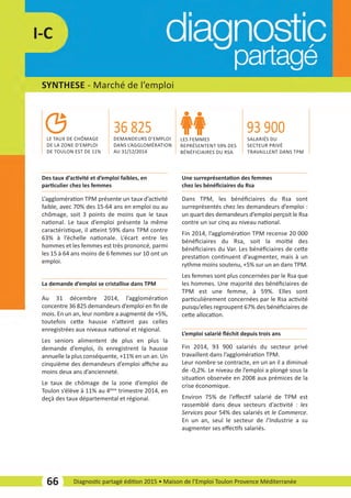 SYNTHESE ­ Marché de l’emploi
66 Diagnostic partagé édition 2015 • Maison de l’Emploi Toulon Provence Méditerranée
I­C
L’agglomération TPM présente un taux d’activité
faible, avec 70% des 15­64 ans en emploi ou au
chômage, soit 3 points de moins que le taux
national. Le taux d’emploi présente la même
caractéristique, il atteint 59% dans TPM contre
63% à l’échelle nationale. L’écart entre les
hommes et les femmes est très prononcé, parmi
les 15 à 64 ans moins de 6 femmes sur 10 ont un
emploi.
Des taux d’activité et d’emploi faibles, en
particulier chez les femmes
Dans TPM, les bénéﬁciaires du Rsa sont
surreprésentés chez les demandeurs d’emploi :
un quart des demandeurs d’emploi perçoit le Rsa
contre un sur cinq au niveau national.
Fin 2014, l’agglomération TPM recense 20 000
bénéﬁciaires du Rsa, soit la moitié des
bénéﬁciaires du Var. Les bénéﬁciaires de cette
prestation continuent d’augmenter, mais à un
rythme moins soutenu, +5% sur un an dans TPM.
Les femmes sont plus concernées par le Rsa que
les hommes. Une majorité des bénéﬁciaires de
TPM est une femme, à 59%. Elles sont
particulièrement concernées par le Rsa activité
puisqu’elles regroupent 67% des bénéﬁciaires de
cette allocation.
Une surreprésentation des femmes
chez les bénéﬁciaires du Rsa
Fin 2014, 93 900 salariés du secteur privé
travaillent dans l’agglomération TPM.
Leur nombre se contracte, en un an il a diminué
de ­0,2%. Le niveau de l’emploi a plongé sous la
situation observée en 2008 aux prémices de la
crise économique.
Environ 75% de l’eﬀectif salarié de TPM est
rassemblé dans deux secteurs d’activité : les
Services pour 54% des salariés et le Commerce.
En un an, seul le secteur de l’Industrie a su
augmenter ses eﬀectifs salariés.
L’emploi salarié ﬂéchit depuis trois ans
Au 31 décembre 2014, l’agglomération
concentre 36 825 demandeurs d’emploi en ﬁn de
mois. En un an, leur nombre a augmenté de +5%,
toutefois cette hausse n’atteint pas celles
enregistrées aux niveaux national et régional.
Les seniors alimentent de plus en plus la
demande d’emploi, ils enregistrent la hausse
annuelle la plus conséquente, +11% en un an. Un
cinquième des demandeurs d’emploi aﬃche au
moins deux ans d’ancienneté.
Le taux de chômage de la zone d’emploi de
Toulon s’élève à 11% au 4ème
trimestre 2014, en
deçà des taux départemental et régional.
La demande d’emploi se cristallise dans TPM
LE TAUX DE CHÔMAGE
DE LA ZONE D’EMPLOI
DE TOULON EST DE 11%
DEMANDEURS D’EMPLOI
DANS L’AGGLOMÉRATION
AU 31/12/2014
LES FEMMES
REPRÉSENTENT 59% DES
BÉNÉFICIAIRES DU RSA
SALARIÉS DU
SECTEUR PRIVÉ
TRAVAILLENT DANS TPM
36 825 93 900
diagnostic partage-2015_Mise en page 1 10/03/16 17:43 Page17
 