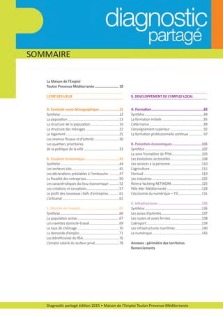 SOMMAIRE
Diagnostic partagé édition 2015 • Maison de l’Emploi Toulon Provence Méditerranée
La Maison de l’Emploi
Toulon Provence Méditerranée........................ 10
I.ETAT DES LIEUX
A. Contexte socio­démographique ....................11
Synthèse...............................................................12
La population .......................................................13
La structure de la population...............................16
La structure des ménages....................................22
Le logement .........................................................25
Les revenus ﬁscaux et d’activité...........................30
Les quartiers prioritaires
de la politique de la ville......................................33
B. Situation économique...................................43
Synthèse...............................................................44
Les secteurs clés...................................................45
Les déclarations préalables à l’embauche............47
La ﬁscalité des entreprises...................................50
Les caractéristiques du tissu économique ...........52
Les créations et cessations...................................57
Le proﬁl des nouveaux chefs d’entreprise............61
L’artisanat.............................................................62
C. Marché de l’emploi .......................................65
Synthèse...............................................................66
La population active.............................................67
Les navettes domicile­travail................................69
Le taux de chômage.............................................70
La demande d’emploi...........................................71
Les bénéﬁciaires du RSA.......................................76
L’emploi salarié du secteur privé..........................78
II. DEVELOPPEMENT DE L’EMPLOI LOCAL
A. Formation.....................................................83
Synthèse...............................................................84
La formation initiale.............................................85
L’alternance..........................................................89
L’enseignement supérieur....................................92
La formation professionnelle continue ................97
B. Potentiels économiques..............................101
Synthèse.............................................................102
La zone frontalière de TPM................................103
Les évolutions sectorielles .................................108
Les services à la personne..................................110
L’agriculture........................................................115
Florisud ..............................................................119
Les industries .....................................................122
Riviera Yachting NETWORK ................................125
Pôle Mer Méditerranée .....................................128
L’économie du numérique – TIC.........................131
C. Infrastructures ............................................135
Synthèse.............................................................136
Les zones d’activités...........................................137
Les routes et voies ferrées .................................138
L’aéroport...........................................................139
Les infrastructures maritimes ............................140
Le numérique.....................................................143
Annexes : périmètre des territoires
Remerciements
diagnostic partage-2015_Mise en page 1 18/03/16 17:35 Page9
 