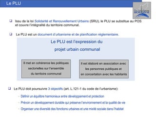 Le PLU Issu de la loi  Solidarité et Renouvellement Urbains  (SRU), le PLU se substitue au POS et couvre l’intégralité du territoire communal. Le PLU est un  document d’urbanisme et de planification réglementaire. Le PLU est l’expression du  projet urbain communal Il met en cohérence les politiques sectorielles sur l’ensemble  du territoire communal Il est élaboré en association avec  les personnes publiques et  en concertation avec les habitants Définir un équilibre harmonieux entre développement et protection Prévoir un développement durable qui préserve l’environnement et la qualité de vie   Organiser une diversité des fonctions urbaines et une mixité sociale dans l’habitat   Le PLU doit poursuivre  3 objectifs  (art. L.121-1 du code de l’urbanisme): 