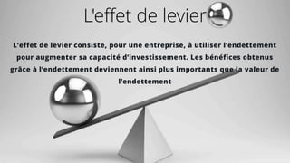 L'effet de levier
L’effet de levier consiste, pour une entreprise, à utiliser l’endettement
pour augmenter sa capacité d’investissement. Les bénéfices obtenus
grâce à l’endettement deviennent ainsi plus importants que la valeur de
l’endettement
 