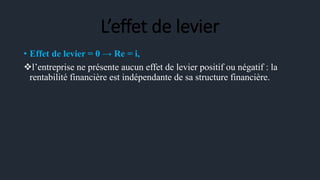 L’effet de levier
• Effet de levier = 0 → Re = i,
l’entreprise ne présente aucun effet de levier positif ou négatif : la
rentabilité financière est indépendante de sa structure financière.
 
