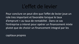 L’effet de levier
Pour conclure on peut dire que l’effet de levier joue un
role tres important et favorable lorsque le taux
d’emprunt < au taux de rentabilité . Dans ce cas
l’entreprise a interet pour opérer un financement mixte
plutot que de choisir un financement integral par les
capitaux propres
 