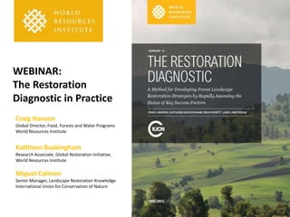 WEBINAR:
The Restoration
Diagnostic in Practice
Craig Hanson
Global Director, Food, Forests and Water Programs
World Resources Institute
Kathleen Buckingham
Research Associate, Global Restoration Initiative,
World Resources Institute
Miguel Calmon
Senior Manager, Landscape Restoration Knowledge
International Union for Conservation of Nature
 