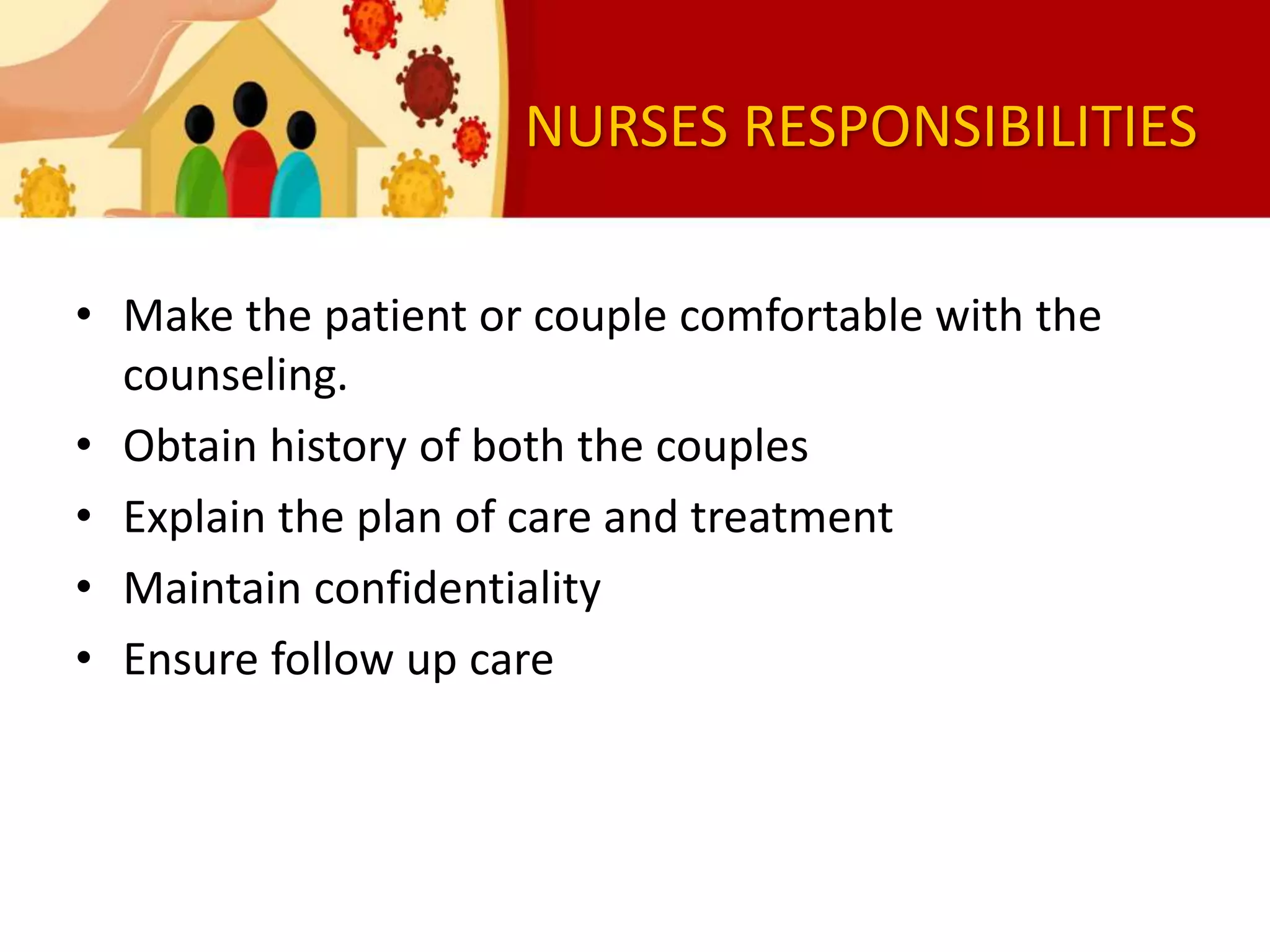 NURSES RESPONSIBILITIES
• Make the patient or couple comfortable with the
counseling.
• Obtain history of both the couples
• Explain the plan of care and treatment
• Maintain confidentiality
• Ensure follow up care
 