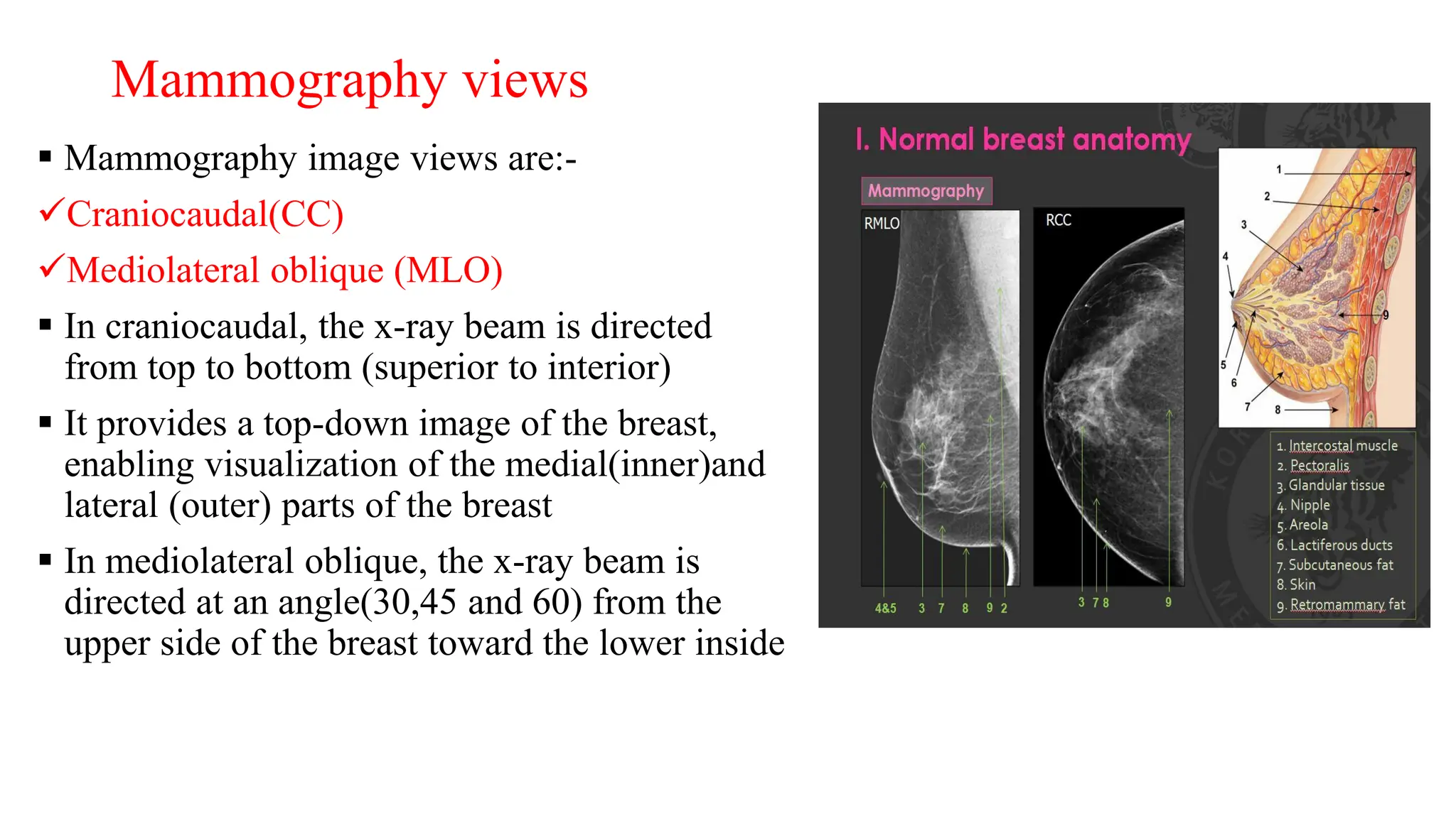 Mammography views
▪ Mammography image views are:-
✓Craniocaudal(CC)
✓Mediolateral oblique (MLO)
▪ In craniocaudal, the x-ray beam is directed
from top to bottom (superior to interior)
▪ It provides a top-down image of the breast,
enabling visualization of the medial(inner)and
lateral (outer) parts of the breast
▪ In mediolateral oblique, the x-ray beam is
directed at an angle(30,45 and 60) from the
upper side of the breast toward the lower inside
 