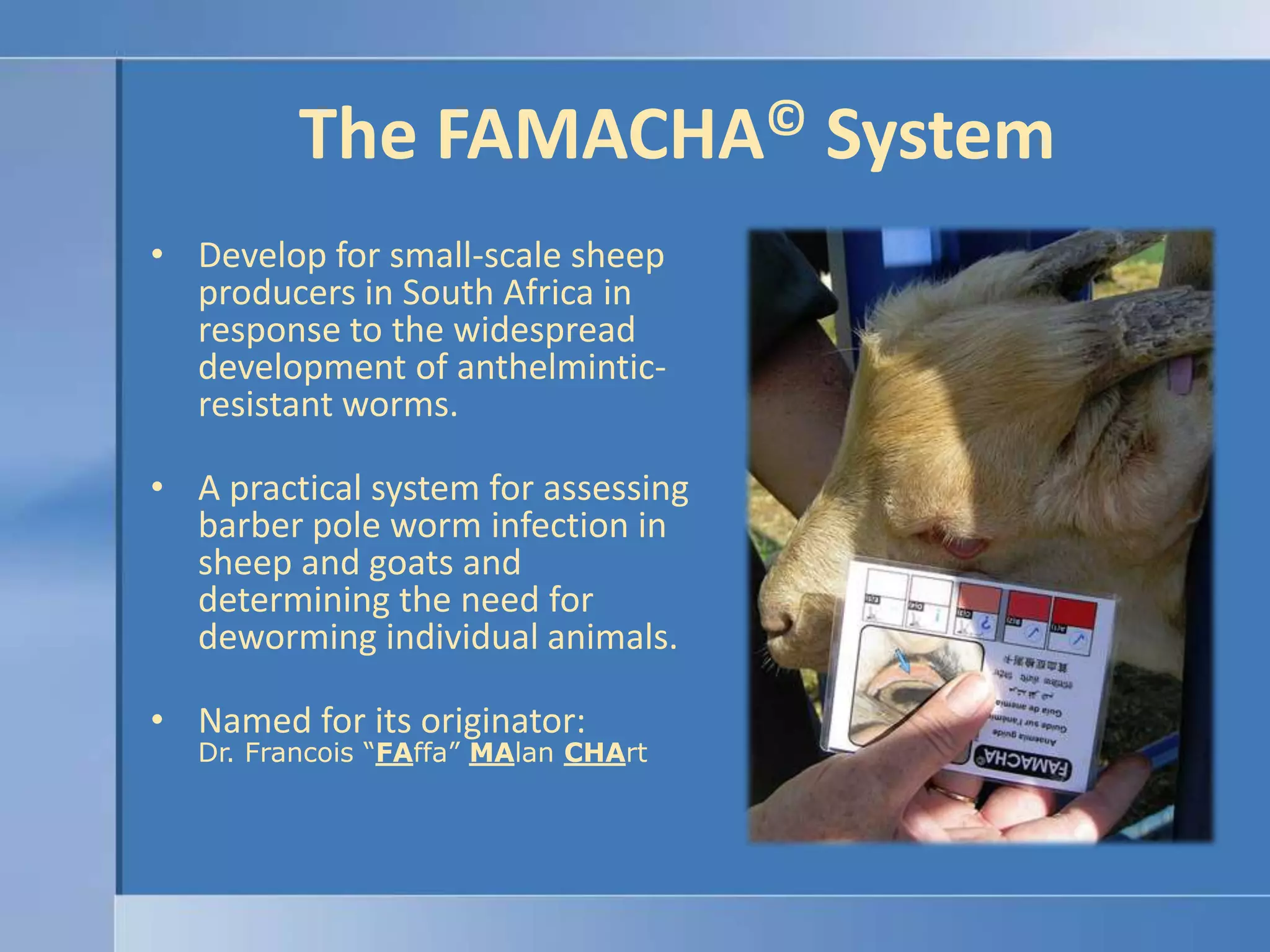 The FAMACHA© SystemDevelop for small-scale sheep producers in South Africa in response to the widespread development of anthelmintic-resistant worms. A practical system for assessing barber pole worm infection in sheep and goats and determining the need for deworming individual animals.Named for its originator:Dr. Francois “FAffa” MAlanCHArt