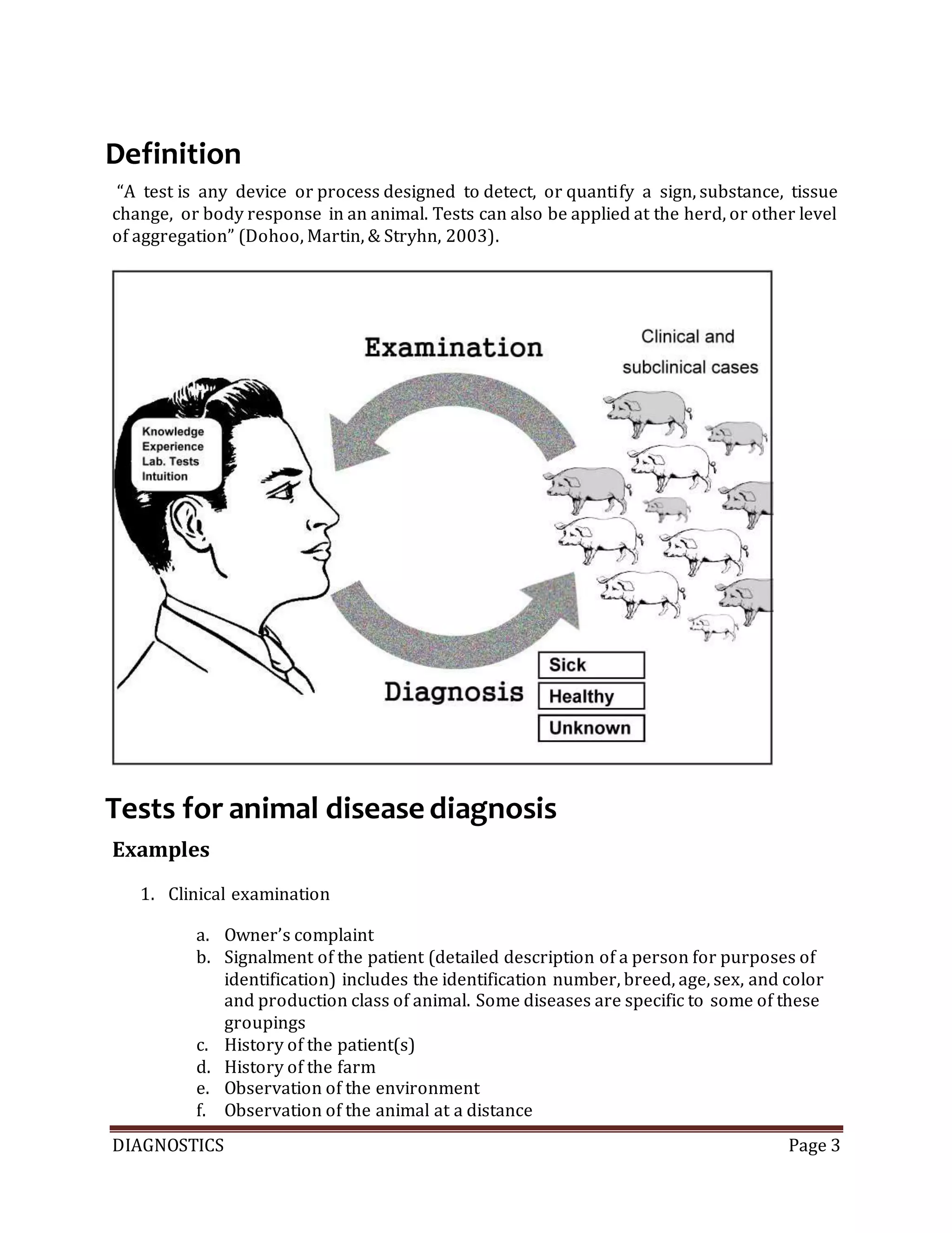 DIAGNOSTICS Page 3
Definition
“A test is any device or process designed to detect, or quantify a sign, substance, tissue
change, or body response in an animal. Tests can also be applied at the herd, or other level
of aggregation” (Dohoo, Martin, & Stryhn, 2003).
Tests for animal disease diagnosis
Examples
1. Clinical examination
a. Owner’s complaint
b. Signalment of the patient (detailed description of a person for purposes of
identification) includes the identification number, breed, age, sex, and color
and production class of animal. Some diseases are specific to some of these
groupings
c. History of the patient(s)
d. History of the farm
e. Observation of the environment
f. Observation of the animal at a distance
 