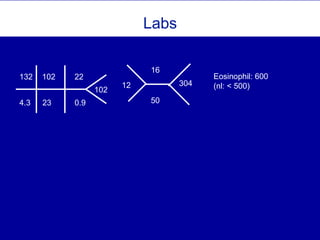 Labs
132 102 22
0.9234.3
16
30412
102
50
Eosinophil: 600
(nl: < 500)
 