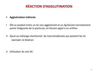  Agglutination indirecte
• Elle se produit entre un Ac non agglutinant et un Ag faisant normalement
partie intégrante de la particule, en faisant appel à un artifice
 Ajout au mélange réactionnel de macromolécules qui pontent les Ac
exemple: le Dextran
 Utilisation Ac anti AC.
19
RÉACTION D’AGGLUTINATION
 