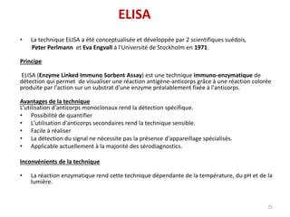 • La technique ELISA a été conceptualisée et développée par 2 scientifiques suédois,
Peter Perlmann et Eva Engvall à l'Université de Stockholm en 1971.
Principe
ELISA (Enzyme Linked Immuno Sorbent Assay) est une technique immuno-enzymatique de
détection qui permet de visualiser une réaction antigène-anticorps grâce à une réaction colorée
produite par l'action sur un substrat d'une enzyme préalablement fixée à l'anticorps.
Avantages de la technique
L'utilisation d'anticorps monoclonaux rend la détection spécifique.
• Possibilité de quantifier
• L'utilisation d'anticorps secondaires rend la technique sensible.
• Facile à réaliser
• La détection du signal ne nécessite pas la présence d'appareillage spécialisés.
• Applicable actuellement à la majorité des sérodiagnostics.
Inconvénients de la technique
• La réaction enzymatique rend cette technique dépendante de la température, du pH et de la
lumière.
25
ELISA
 