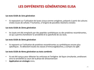 LES DIFFÉRENTES GÉNÉRATIONS ELISA
Les tests ELISA de 1ère génération
• ils reposaient sur l’utilisation de lysats viraux comme antigènes, préparés à partir de cultures
virales issues de cellules T humaines, à l’origine de possibles réactions croisées
Les tests ELISA de 2ème génération
• les lysats ont été remplacés par des peptides synthétiques ou des protéines recombinantes,
ce qui a permis d’améliorer la sensibilité et la spécificité de ces tests.
Les tests ELISA de 3ème génération
• ils reposent sur l’utilisation de protéines recombinantes ou synthétiques encore plus
spécifiques . Ils détectent toutes les classes d’immunoglobulines, y compris les IgM.
Les tests ELISA de 4ème génération ou tests combinés
• Ils ont été conçus pour détecter les anticorps et l’antigène de façon simultanée, améliorant
ainsi la sensibilité au cours de la phase de séroconversion
• Application en virologie ++++.
29
 