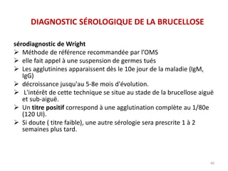 DIAGNOSTIC SÉROLOGIQUE DE LA BRUCELLOSE
sérodiagnostic de Wright
 Méthode de référence recommandée par l’OMS
 elle fait appel à une suspension de germes tués
 Les agglutinines apparaissent dès le 10e jour de la maladie (IgM,
IgG)
 décroissance jusqu'au 5-8e mois d'évolution.
 L'intérêt de cette technique se situe au stade de la brucellose aiguë
et sub-aiguë.
 Un titre positif correspond à une agglutination complète au 1/80e
(120 UI).
 Si doute ( titre faible), une autre sérologie sera prescrite 1 à 2
semaines plus tard.
40
 