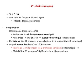Coxiella burnetii
– Test ELISA
– Se < celle de l’IFI pour fièvre Q aiguë
• intérêt : dépistage de masse
• Interprétation
– Détection de titres élevés d’AC
• Anti-phase II => infection récente ou aiguë
• Anti-phase I + anti-phase II => évolution chronique (endocardite)
– Persistance des AC plusieurs années (voire « à vie » pour fièvre Q chronique)
– Apparition tardive des AC en 2 à 3 semaines
• Intérêt de la PCR pendant les 2 premières semaines de la maladie +++
• Mais PCR se ⊝ lorsque AC (IgM anti-phase II) apparaissent.
 