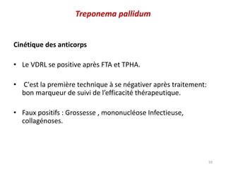 Cinétique des anticorps
• Le VDRL se positive après FTA et TPHA.
• C'est la première technique à se négativer après traitement:
bon marqueur de suivi de l’efficacité thérapeutique.
• Faux positifs : Grossesse , mononucléose Infectieuse,
collagénoses.
59
Treponema pallidum
 