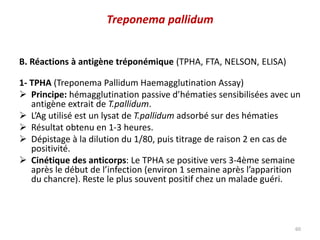 B. Réactions à antigène tréponémique (TPHA, FTA, NELSON, ELISA)
1- TPHA (Treponema Pallidum Haemagglutination Assay)
 Principe: hémagglutination passive d’hématies sensibilisées avec un
antigène extrait de T.pallidum.
 L’Ag utilisé est un lysat de T.pallidum adsorbé sur des hématies
 Résultat obtenu en 1-3 heures.
 Dépistage à la dilution du 1/80, puis titrage de raison 2 en cas de
positivité.
 Cinétique des anticorps: Le TPHA se positive vers 3-4ème semaine
après le début de l’infection (environ 1 semaine après l’apparition
du chancre). Reste le plus souvent positif chez un malade guéri.
60
Treponema pallidum
 