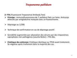 2- FTA (Fluorescent Treponemal Antibody Test)
 Principe : immunofluorescence de T. pallidum fixés sur lame. Anticorps
détectés par antiglobuline marquée avec un fluorochrome.
 Dépistage au 1/200.
 Technique de confirmation en cas de dépistage positif.
 Sensibilité augmentée par adsorption des sérums par des tréponèmes
saprophytes non pathogènes (souche Reiter) : FTA-Abs.
 Cinétique des anticorps: Cinétique identique au TPHA avant traitement.
Se négative après traitement dans la majorité des cas.
61
Treponema pallidum
 