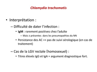 Chlamydia trachomatis
• Interprétation :
– Difficulté de dater l’infection :
• IgM : rarement positives chez l’adulte
– Mais ± présentes dans les pneumopathies du NN
• Persistance des AC => pas de suivi sérologique (en cas de
traitement)
– Cas de la LGV rectale (homosexuel) :
• Titres élevés IgG et IgA = argument diagnostique fort.
 