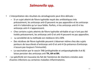 • L'interprétation des résultats du sérodiagnostic peut être délicate :
– Si un sujet atteint de fièvre typhoïde reçoit des antibiotiques très
précocément, les anticorps anti-O peuvent ne pas apparaître et les anticorps
anti-H n'atteindre qu'un taux faible. Parfois, ni les anticorps anti-O ni les
anticorps anti-H n'apparaissent.
– Chez certains sujets atteints de fièvre typhoïde véritable et qui n'ont pas été
traités précocement, les anticorps anti-O et anti-H peuvent ne pas apparaître.
– La sensibilité de la méthode est médiocre:10 à 30%
– Des récidives de fièvre typhoïde peuvent s'observer même chez des sujets
porteurs de taux élevés d'anticorps anti-O et anti-H (la présence d'anticorps
n'assure pas toujours l'immunité).
– La vaccination par le vaccin TAB (antityphoïde et antiparatyphoïde A et B)
laisse persister des anticorps anti TH, AH et BH.
• - La spécificité est mauvaise du fait de l'existence de réactions croisées avec
d'autres infections ou certaines maladies inflammatoires.
80
Salmonella spp.
 
