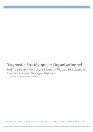 Diagnostic 
Stratégique 
et 
Organisationnel 
Exelmans 
Remy 
– 
Consultant 
Expert 
en 
Pilotage 
Stratégique 
et 
Organisationnel 
et 
Stratégies 
Digitales 
« 
Offrez 
vous 
une 
vraie 
pause 
stratégique 
» 
E x e l m a n s 
I n v e s t 
I l e 
d e 
R é u n i o n 
– 
M a y o t t e 
– 
0 6 9 2 . 6 5 . 0 9 . 2 9 / 0 6 3 9 . 6 9 . 0 9 . 2 9 
 