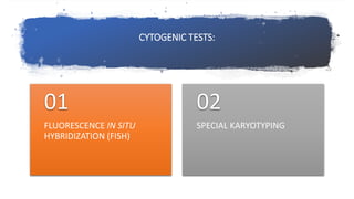 CYTOGENIC TESTS:
FLUORESCENCE IN SITU
HYBRIDIZATION (FISH)
01
SPECIAL KARYOTYPING
02
 