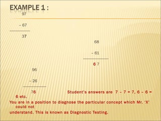 97

         – 67
--------------------
            37
                                               68

                                            – 61
                                    -------------------------
                                              67
                       96

            – 26
      -----------------------
              76              Student’s answers are 7 – 7 = 7, 6 – 6 =
   6 etc.
You are in a position to diagnose the par ticular concept which Mr. ‘X’
   could not
understand. This is known as Diagnostic Testing.
 