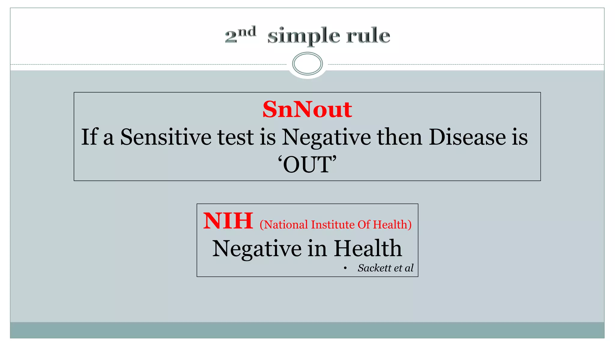 SnNout
If a Sensitive test is Negative then Disease is
‘OUT’
NIH (National Institute Of Health)
Negative in Health
• Sackett et al
 